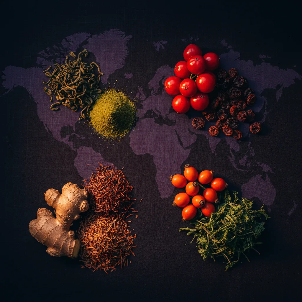 Mosaic flat-lay of four botanical ingredient clusters from four world regions: green tea (Asia), guarana berries (South America), ginger and rooibos (Africa), rosehip and nettle (Europe)