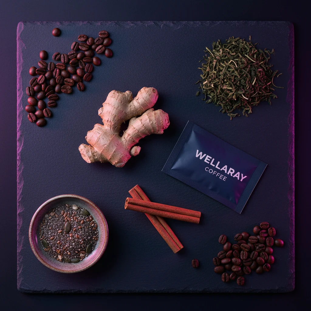 Flat-lay of natural wellness ingredients: coffee beans, green tea leaves, ginger root, cinnamon sticks and a Wellaray Coffee sachet on a dark slate surface